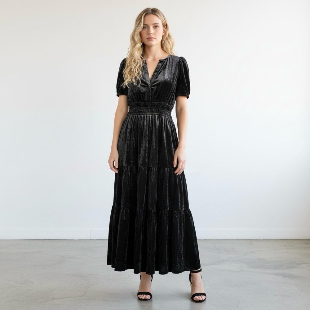 Anthropologie Black Short Sleeve Somerset Velvet Maxi Dress